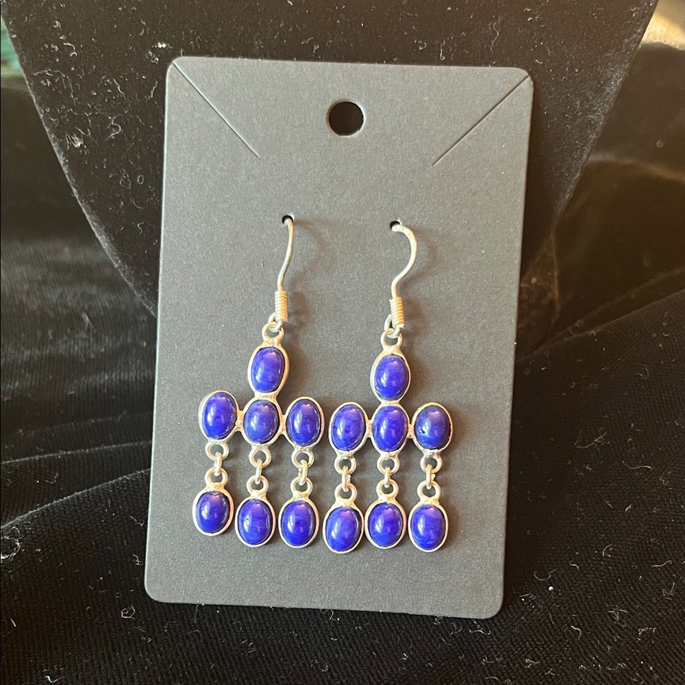 Chic Lapis Lazuli Cabochons and Silver Chandelier Earrings